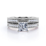 1.50 Carat Princess Cut Moissanite And Diamond Vintage Milgrain Bridal Set Ring In White Gold