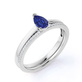 Classic Prong Solitaire 2 Carat Pear Cut Sapphire and Diamond Pave Wedding Ring Set in White Gold