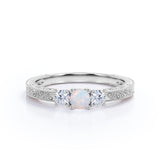 Modern Art Deco 1.15 Carat Round Cut Precious Fire Opal And Diamond Three Stone Engagement Ring In White Gold