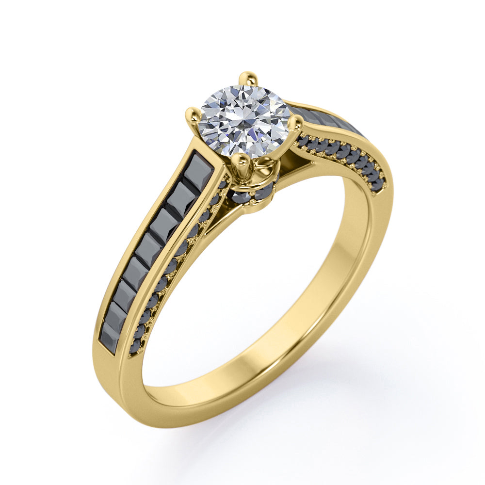 1.4 TCW Round Shape Moissanite with Lab Created Black Diamond - Pave and Channel - Cathedral Engagement Ring in White Gold