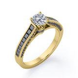 1.4 TCW Round Shape Moissanite with Lab Created Black Diamond - Pave and Channel - Cathedral Engagement Ring in White Gold