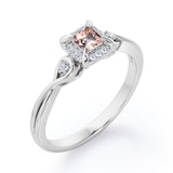 Prong and Halo 0.6 carat Princess Morganite and Moissanite Twisted Shank Engagement Ring in Rose Gold
