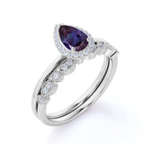 Antique Art Deco 1.50 Carat Pear Cut Lab Alexandrite and Diamond Halo Bridal Set Rings