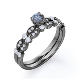 Classic 0.60 Carat Round Cut Natural Salt And Pepper Diamond Art Deco Wedding Ring Set In White Gold.