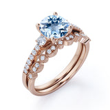 Antique 1.75 ct Round Aquamarine Pave Bridal Set