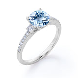 Three Stone 1.50 ct Round Aquamarine Pave Engagement Ring
