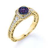 Vintage Filigree 1.35 Carat Round Cut Lab Created Alexandrite And Diamond Eight Prong Halo Engagement  Ring In White Gold