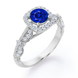 Antique Milgrain 1.35 Carat Round Cut Sapphire And Diamond Halo Engagement Ring In Rose Gold