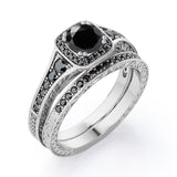 Filigree Pave Channel 1.6 TCW Round Lab Created Black Diamond Double Prong Cluster Wedding Set in White Gold