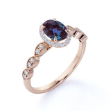 Four Claws Under Halo 1.50 Carat Oval Cut Synthetic Alexandrite and Diamond Marquise Dot Art Deco Engagement Ring