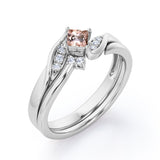 Petite Pave-Channel - 0.55 TCW Rhombus Princess Cut Morganite and Moissanite - Prong Tensioned Wedding Ring Set -  Rose Gold