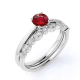 Artdeco 1.25 Carat Round cut Lab Ruby and Diamond Wedding Bridal Ring Set in White Gold
