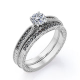 Milgrain-Edged 1.5 TCW Round-Shaped Moissanite with Lab Created Black Diamond Art Deco Victorian Design Wedding Set in Rose Gold