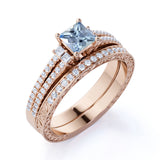 1.50 Carat princess cut Aquamarine and Diamond Halo Wedding Set in White Gold