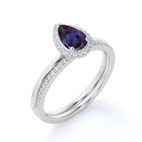 Minimalist Halo 1.25 Carat Pear Cut Artificial Alexandrite and Diamond Half Eternity Band Wedding Ring Sets