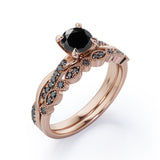 Milgrain Filigree Decorated 1.6 TCW Round Shaped Lab Created Black Diamond Twisted Pave Wedding Set in White Gold