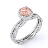 2 Carat Round cut Morganite and Diamond antique art deco Wedding Ring set in 10k Rose Gold