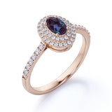 Classic Double Halo 1.50 Carat Oval Cut Simulated Blue Alexandrite and Diamond Semi Eternity Pave Engagement Ring in White Gold