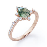 Pave 0.7 Carat Pear Moss Agate Engagement Ring