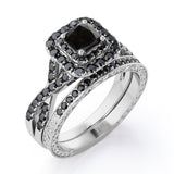 Filigree Twisted Pave 1.75 TCW Princess Cut Lab Created Black Diamond Rounded Square Double Halo Bridal Set in White Gold