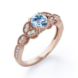 Floral Pattern 1.35 Carat Round Cut Aquamarine And Diamond Beaded Art Deco Engagement Ring In Rose Gold