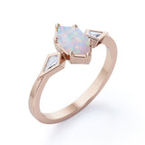 Elongated 1.10 Carat Hexagon Shaped Genuine Opal And Diamond Three Stone Trilogy Engagement Ring In Black Gold