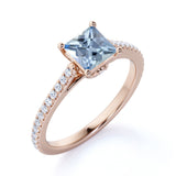 Pave 1.50 ct Princess Aquamarine Engagement Ring