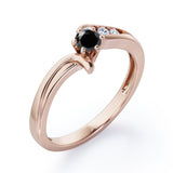 Curved Band - Six Prongs 0.5 carat Round Black Diamond Artistic Engagement Ring in Rose Gold