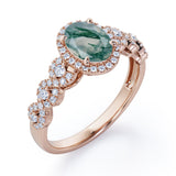 Twisted 1.45 Carat Oval Cut Green Moss Agate And Diamond Halo Engagement Ring In Black Gold