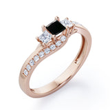 Trellis Three Stones 1 carat Princess Black Diamond Braided Engagement Ring in Rose Gold