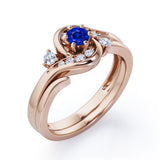 6 Prong Tension Design - 0.55 TCW Round Shaped Blue Sapphire and Moissanite - Flush Chanel Wedding Ring Set - White Gold