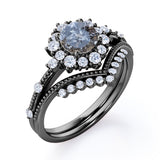 Vintage 1 Ct Round Cut Salt and Pepper Diamond Wedding Ring Set