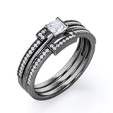 Bead décor 1 carat Square Moissanite and Diamond Solitaire Trio Wedding Ring Set For Her in White Gold