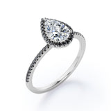 Halo Design 1.45 TCW Pear Cut Moissanite with Lab Created Black Diamond Scalloped Pave Engagement Ring in Rose Gold