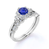 Art Deco 1.5 Ct Round Cut Lab Sapphire Bridal Set