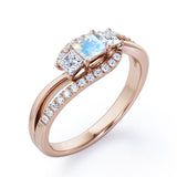 Shared Prongs 1 carat Princess Moonstone and Moissanite Split Shank Band Engagement Ring in White Gold