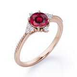 Antique Milgrain Line 0.5 carat Round Lab-Created Ruby and Diamond Engagement Ring in Rose Gold