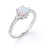 Hexagon Set 1.35 Carat Brilliant Round Ethiopian Opal And Diamond Pave Engagement Ring In White Gold.