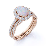 Snowflake 1.75 Carat Oval Shape Fire Opal and Diamond Bridal Ring Set with Crown Band in Rose Gold