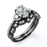 Unique 1.25 carat Oval Moissanite, Pearl and Diamond Vintage Wedding Ring Set in White Gold