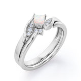 Petite Pave-Channel - 0.55 TCW Rhombus Princess Cut Opal and Moissanite - Prong Tensioned Wedding Ring Set - Rose Gold