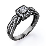 Extravaganza Milgrain Bordered - 1.45 Carat Round Brilliant Cut Moissanite and diamond - Halo Pave Channel Engagement Ring in Black Gold
