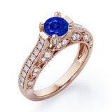 Beaded Four Prongs 1.40 Carat Round Cut Sapphire And Diamond Vintage Art Deco Engagement Ring In Rose Gold