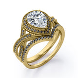 Milgrain Halo-Style 1.75 TCW Pear Cut Moissanite with Lab Created Black Diamond Pave Channel Wedding Ring Set in Black Gold