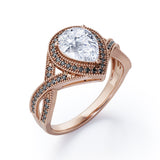 Milgrain Pave Channel - 1.5 TCW Teardrop Moissanite with Lab Created Black Diamond - Halo Design Engagement Ring in White Gold