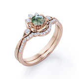 Exceptional Handcrafted Flower 0.8 carat Round Moss Agate and Moissanite Wedding Set in White Gold