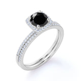 Unique 1.75 Carat Lab Black Diamond Halo Wedding Ring Set for Her in White Gold