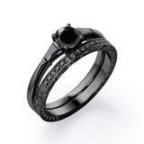 Three-Stone Prong 1.35 TCW Round Cut Lab Created Black Diamond Lattice Bridal Ring Set in White Gold