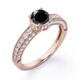 Prong Set 1.45 Carat Round Cut Black Diamond Vintage Milgrain Engagement Ring In White Gold