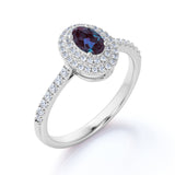 Classic Double Halo 1.50 Carat Oval Cut Simulated Blue Alexandrite and Diamond Semi Eternity Pave Engagement Ring in White Gold
